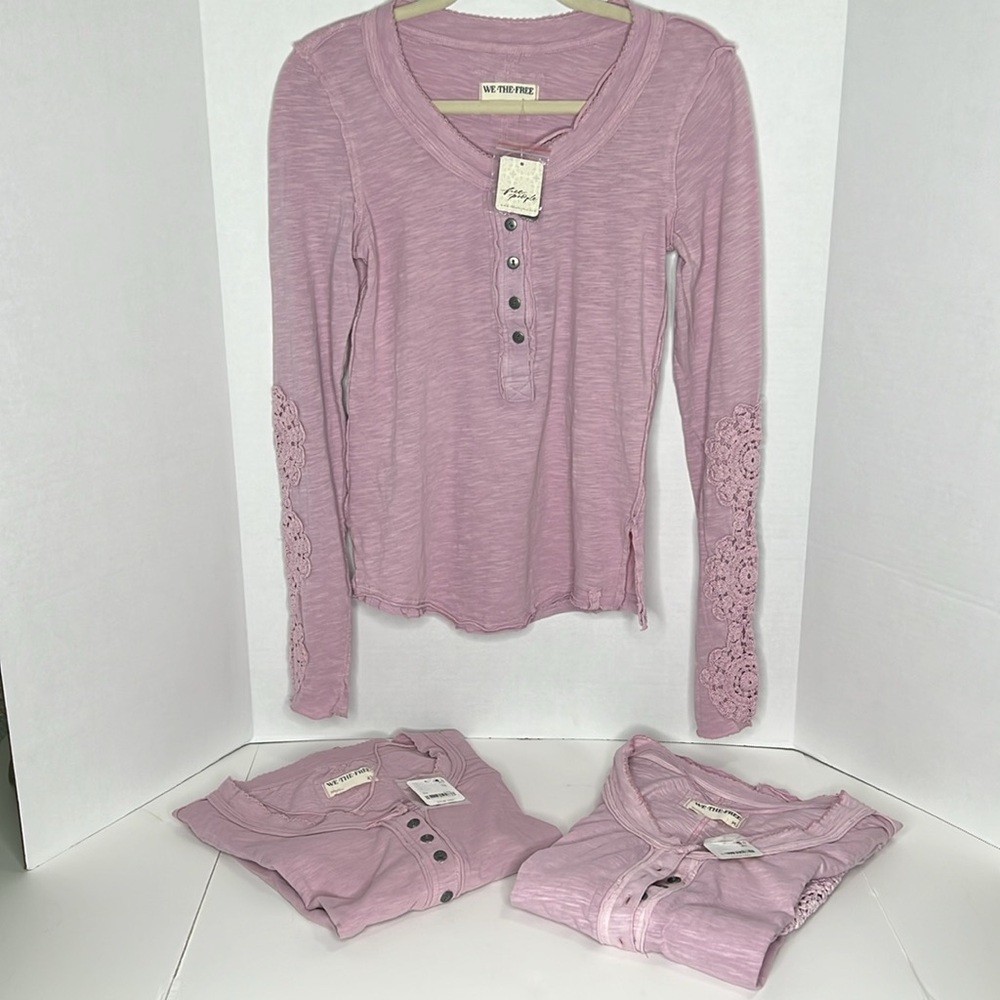 NWT Free People Our Song We The Free Henley Long Lace Sleeve Top- Pink - Picture 2 of 5